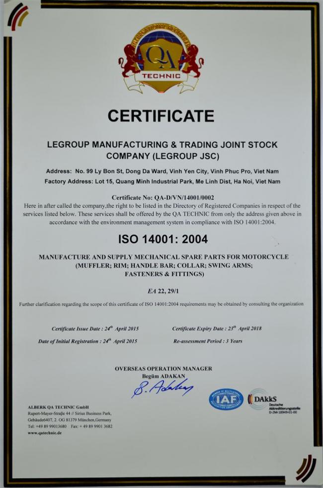 LeGroup received ISO 14001-2004 in April 2015 by QA Technic, Germany.