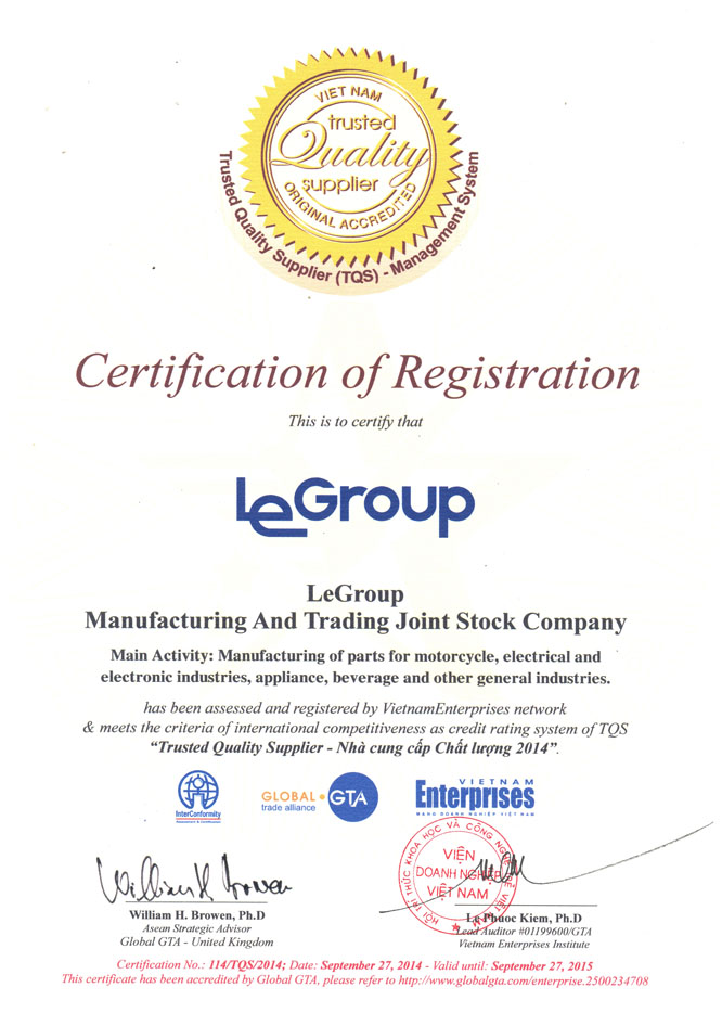 LeGroup is awarded “Vietnam Trusted Quality Supplier” by Global GTA, United Kingdom 2014.