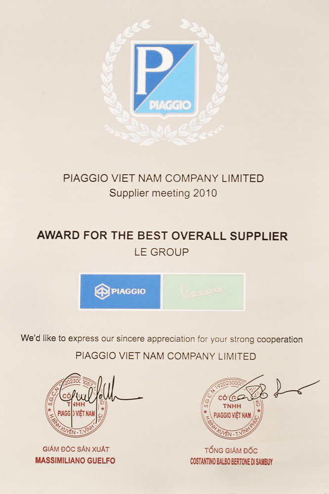 LeGroup is voted to be “The best overall supplier” by Piaggio Vietnam for 2010