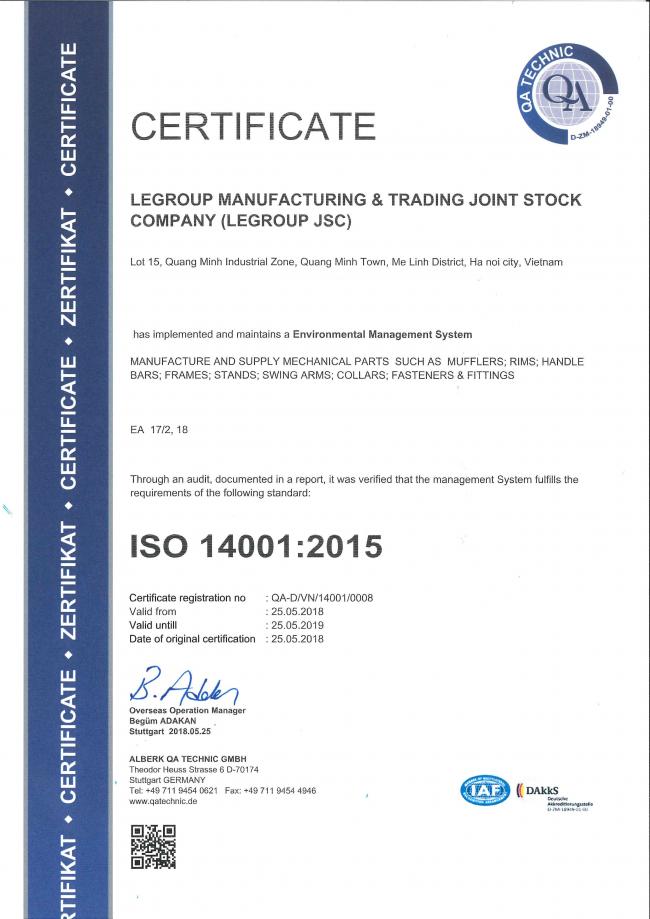 LeGroup receives updated ISO Certificate on Environmental Management System ISO14001-2015 by ALBERK QA TECHNIC GMBH.